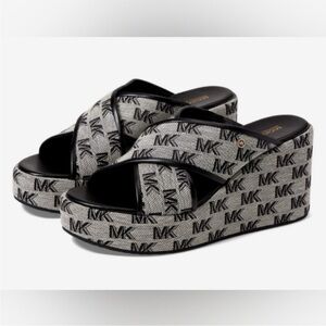 Michael Kors Cary Gray/Black signature jacquard Platform Wedge Sandals - 8&1/2